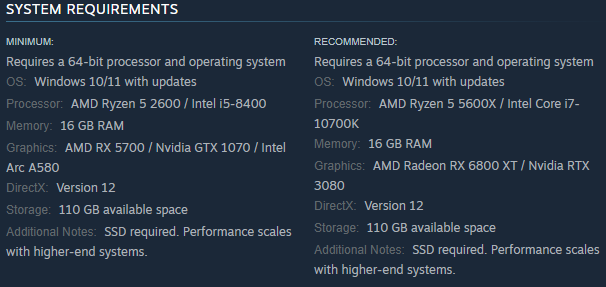 Chart showing the PC requirements of The Outer Worlds 2