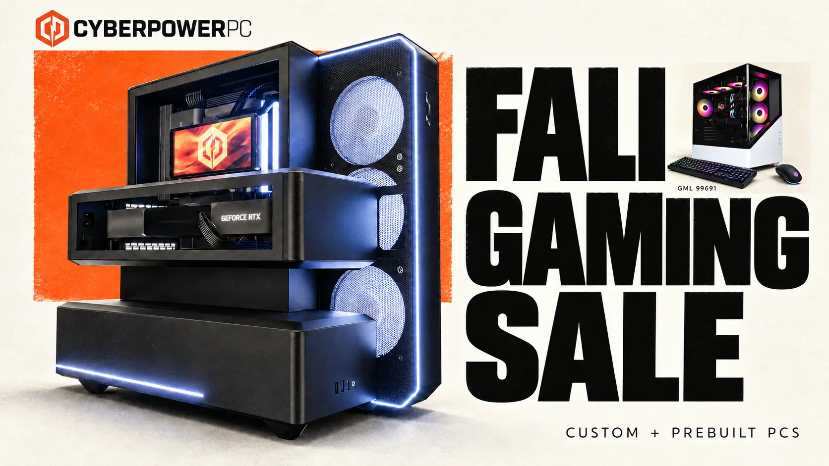 CyberPowerPC Fall Gaming Sale featuring the Fall Gaming 5070 Ti desktop and GML 99691 prebuilt PC